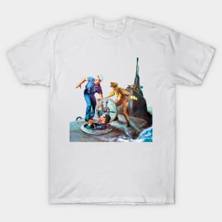 Deep Sea Terror: Startled Sailors and the Submarine Hatch Door Abyss Retro Vintage Comic T-Shirt